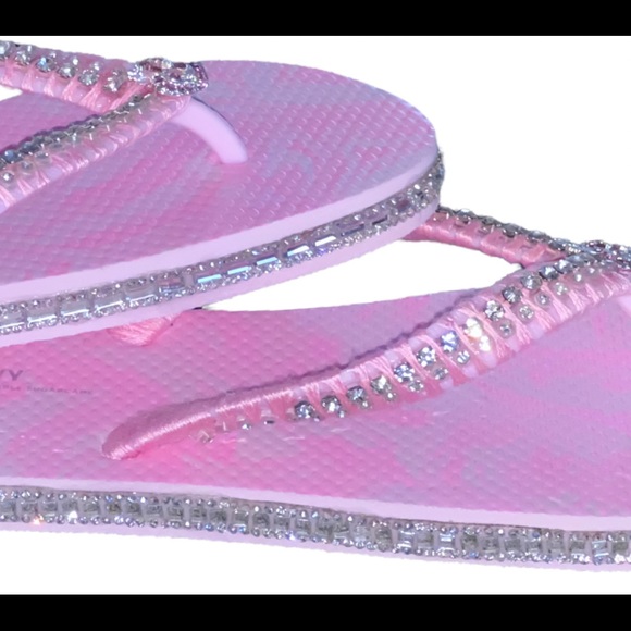 Pink Princess Flip Flops SZ 5/6, Crystal Trimmings, Crown Rhinestone Buttons - Picture 8 of 15